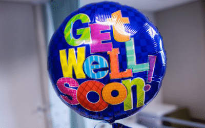 Blue get well soon balloon in a hospital