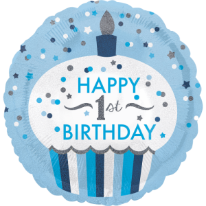 1st Birthday Cupcake Boy Holographic Balloon Small Image