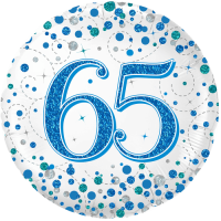 65th Sparkling Fizz Birthday Blue Holographic Balloon