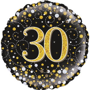 30th Sparkling Fizz Birthday Black & Gold Balloon Small Image