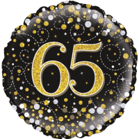 65th Sparkling Fizz Birthday Black & Gold Balloon